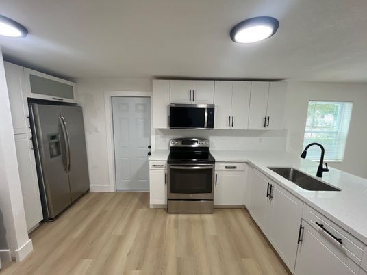 Interior, Kitchen, Stainless Steel Appliances, Wood Texture Flooring