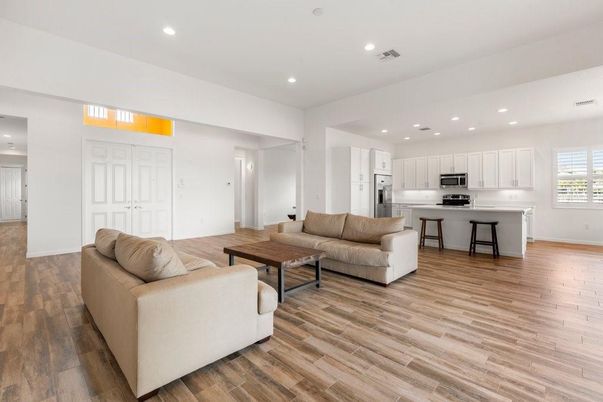 Interior, Kitchen, Living room, Recessed Lighting, Stainless Steel Appliances, Wood Texture Flooring