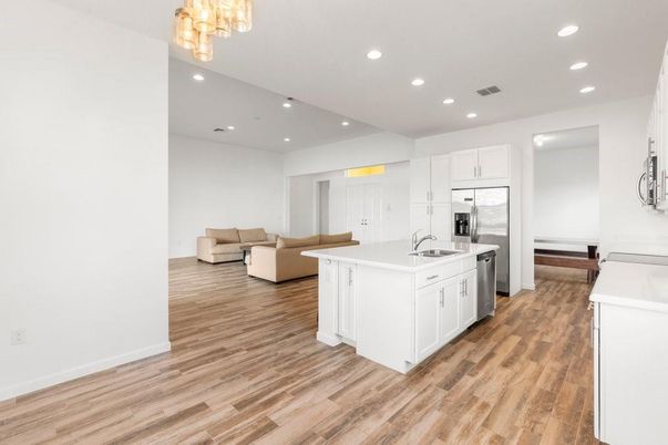 Interior, Kitchen, Living room, Recessed Lighting, Stainless Steel Appliances, Wood Texture Flooring