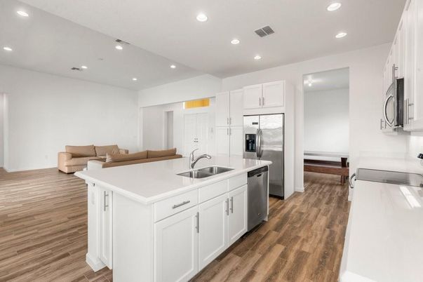 Interior, Kitchen, Living room, Recessed Lighting, Stainless Steel Appliances, Wood Texture Flooring