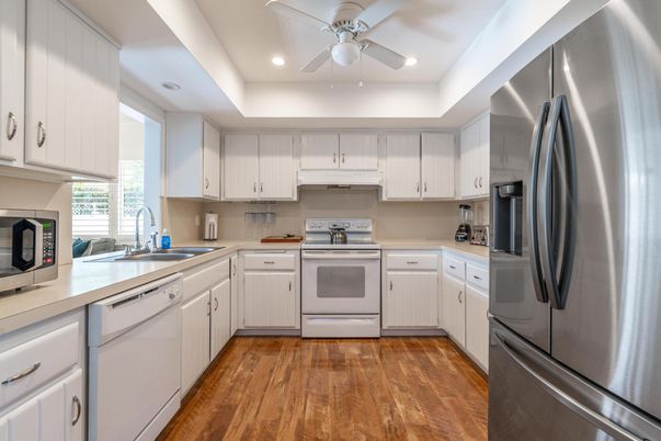 Interior, Kitchen, Recessed Lighting, Stainless Steel Appliances, Wood Texture Flooring