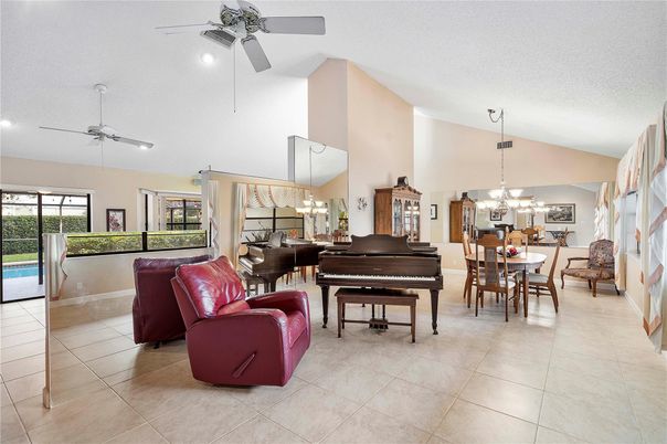 Chandelier, Dining room, Interior, Living room, Pendant Lights, Piano, Recessed Lighting