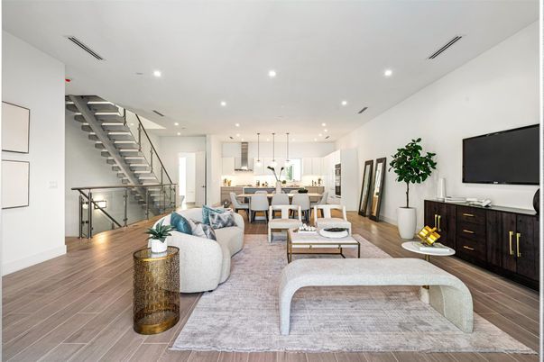 Dining room, Interior, Kitchen, Living room, Pendant Lights, Recessed Lighting, Wood Texture Flooring