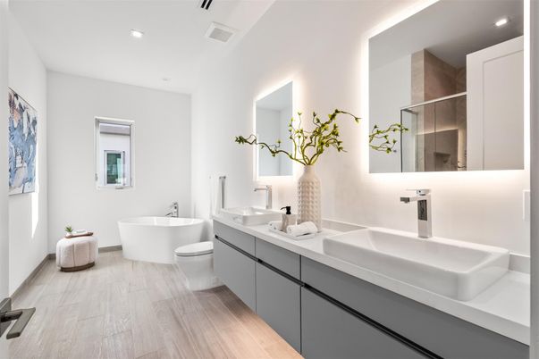 Bathroom, Dual Sink Vanities, Free Standing Baths, Interior, Recessed Lighting, Wood Texture Flooring