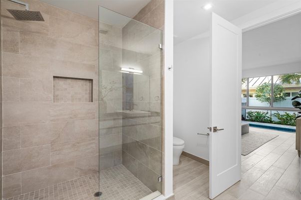 Bathroom, Glass Shower, Interior, Recessed Lighting