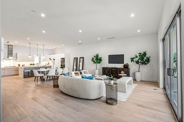 Dining room, Interior, Kitchen, Living room, Pendant Lights, Recessed Lighting, Wood Texture Flooring