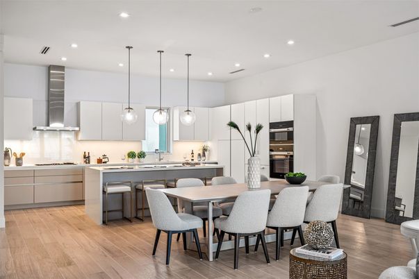Dining room, Interior, Kitchen, Pendant Lights, Recessed Lighting, Stainless Steel Appliances, Wood Texture Flooring