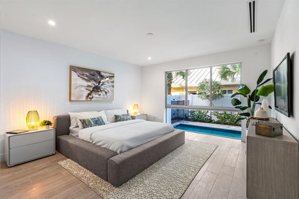 Bedroom, Interior, Recessed Lighting, Wood Texture Flooring