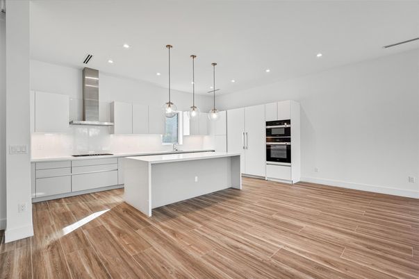 Interior, Kitchen, Pendant Lights, Recessed Lighting, Stainless Steel Appliances, Wood Texture Flooring