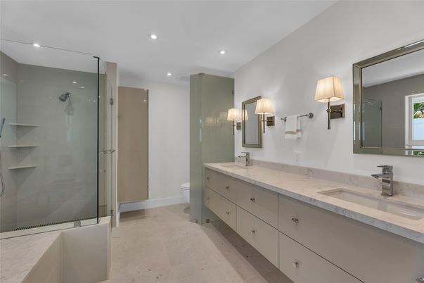 Bathroom, Dual Sink Vanities, Glass Shower, Interior, Recessed Lighting