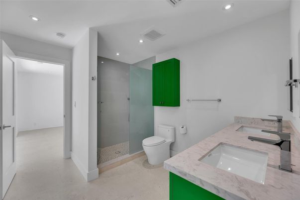 Bathroom, Dual Sink Vanities, Glass Shower, Interior, Recessed Lighting