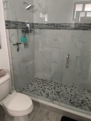 Bathroom, Glass Shower, Interior, Marble Walls, Wood Texture Flooring