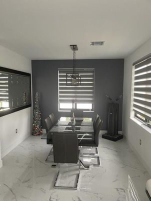 Dining room, Interior, Marble, Pendant Lights