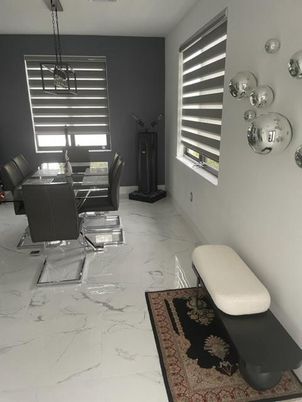 Dining room, Interior, Marble, Pendant Lights