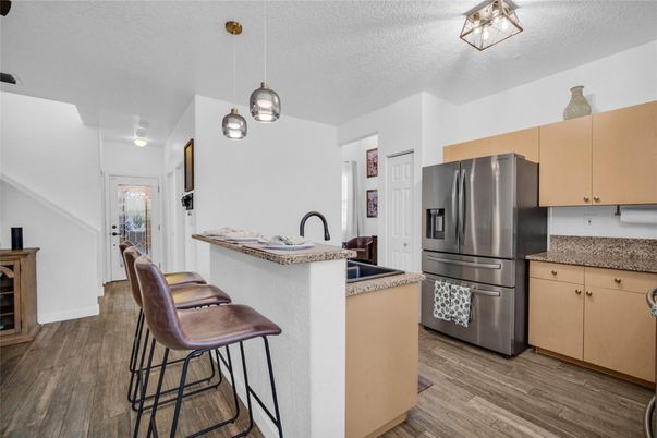Interior, Kitchen, Pendant Lights, Stainless Steel Appliances, Wood Texture Flooring