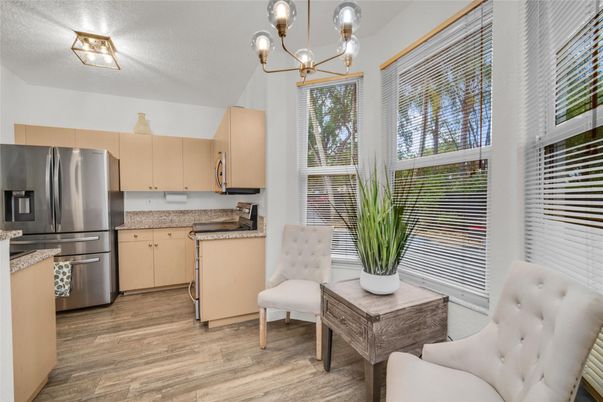 Interior, Kitchen, Pendant Lights, Stainless Steel Appliances, Wood Texture Flooring