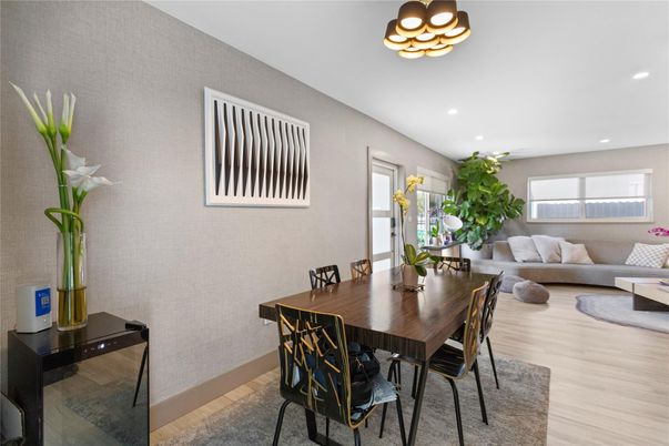 Dining room, Interior, Living room, Recessed Lighting, Wood Texture Flooring