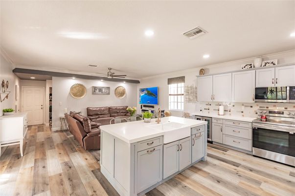 Interior, Kitchen, Living room, Recessed Lighting, Stainless Steel Appliances, Wood Texture Flooring