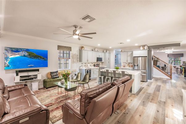 Interior, Kitchen, Living room, Recessed Lighting, Stainless Steel Appliances, Wood Texture Flooring