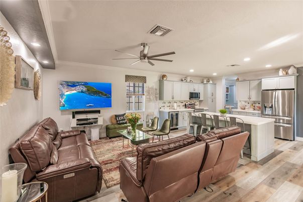 Interior, Kitchen, Living room, Recessed Lighting, Stainless Steel Appliances, Wood Texture Flooring