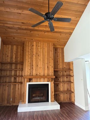 Empty room, Fireplace, Interior, Wooden Ceilings, Wood Texture Flooring, Wooden Walls