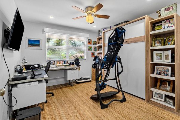 Fitness Equipment, Home Office, Interior, Recessed Lighting, Wood Texture Flooring