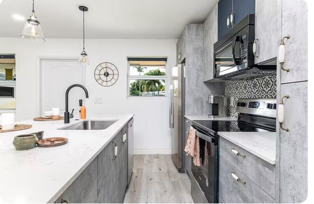 Interior, Kitchen, Pendant Lights, Stainless Steel Appliances, Wood Texture Flooring
