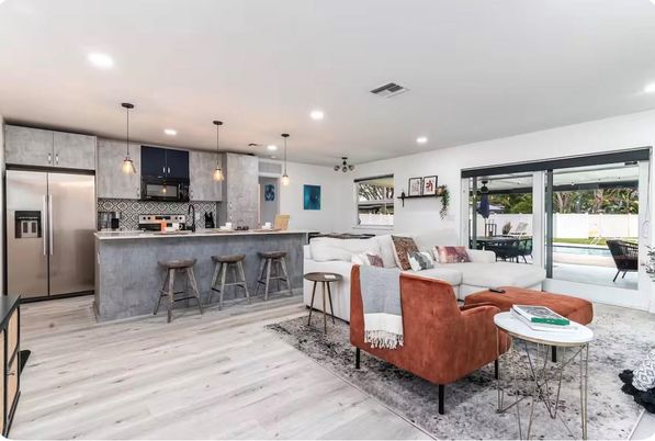 Interior, Kitchen, Living room, Pendant Lights, Recessed Lighting, Stainless Steel Appliances, Wood Texture Flooring