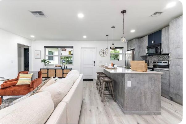 Interior, Kitchen, Living room, Pendant Lights, Recessed Lighting, Stainless Steel Appliances, Wood Texture Flooring
