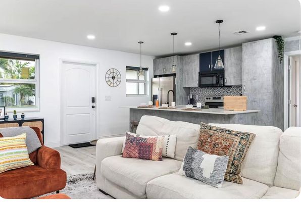 Interior, Kitchen, Living room, Pendant Lights, Recessed Lighting, Stainless Steel Appliances, Wood Texture Flooring