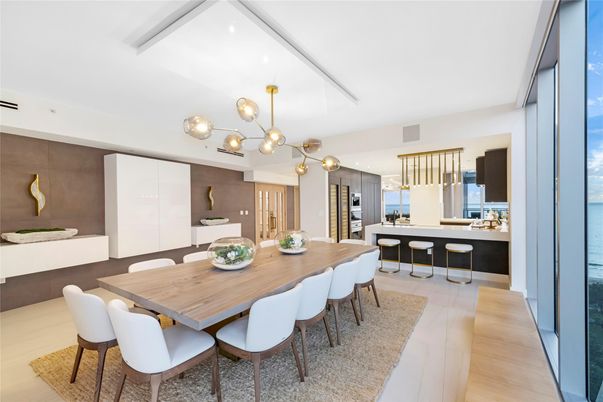 Dining room, Interior, Kitchen, Pendant Lights, Wood Texture Flooring