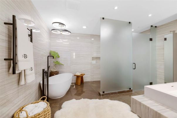 Bathroom, Free Standing Baths, Glass Shower, Interior, Recessed Lighting