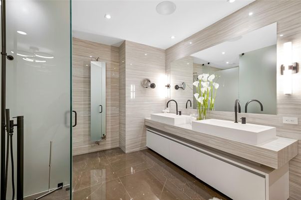 Bathroom, Dual Sink Vanities, Glass Shower, Interior, Recessed Lighting