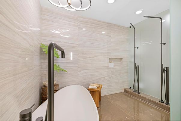 Bathroom, Free Standing Baths, Glass Shower, Interior, Recessed Lighting