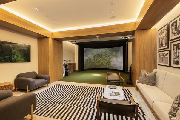 Interior, Living room, Projection Screen, Recessed Lighting, Theatre Room, Wooden Walls