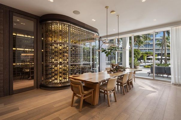 Dining room, Interior, Pendant Lights, Recessed Lighting, Wine Storage, Wood Texture Flooring