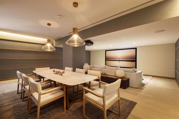 Dining room, Interior, Living room, Pendant Lights, Recessed Lighting, Wood Texture Flooring