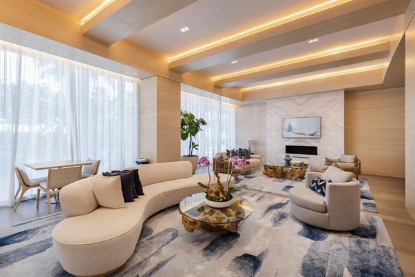 Dining room, Fireplace, Interior, Living room, Recessed Lighting, Wood Texture Flooring