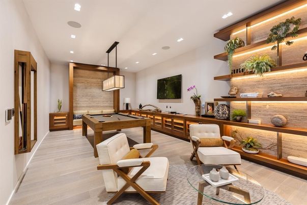 Billiard Table, Game Room, Interior, Pendant Lights, Recessed Lighting, Wood Texture Flooring