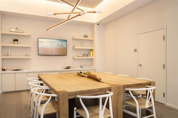 Dining room, Interior, Pendant Lights, Wood Texture Flooring