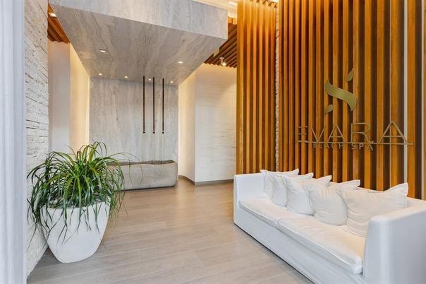 Interior, Living room, Marble Walls, Recessed Lighting, Wood Texture Flooring