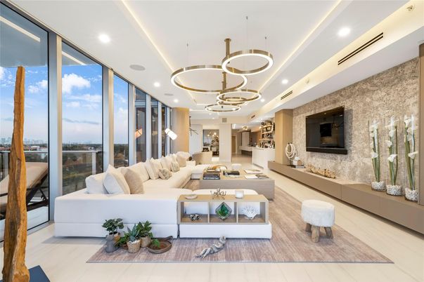 Interior, Living room, Pendant Lights, Recessed Lighting, Wood Texture Flooring