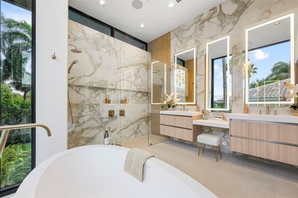 Bathroom, Dual Sink Vanities, Free Standing Baths, Interior, Marble Walls, Recessed Lighting