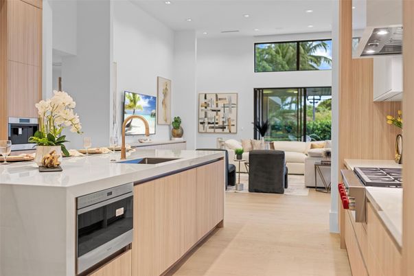 Interior, Kitchen, Living room, Recessed Lighting, Stainless Steel Appliances, Wood Texture Flooring