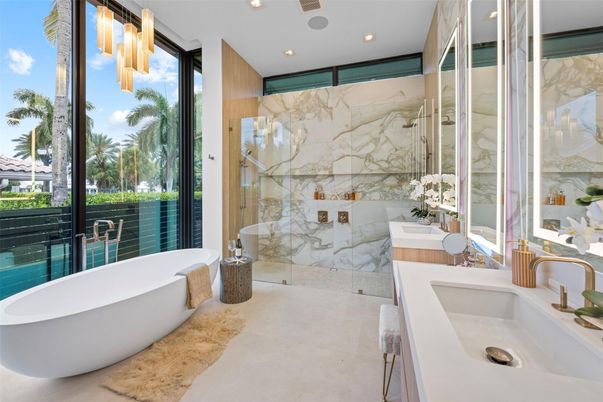 Bathroom, Free Standing Baths, Glass Shower, Interior, Marble Walls, Recessed Lighting