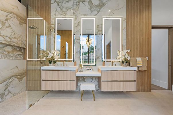 Bathroom, Dual Sink Vanities, Glass Shower, Interior, Marble Walls