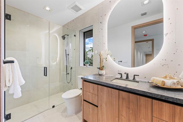 Bathroom, Glass Shower, Interior, Recessed Lighting