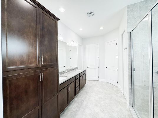 Bathroom, Dual Sink Vanities, Glass Shower, Interior, Recessed Lighting