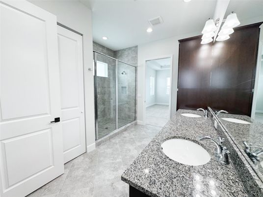 Bathroom, Dual Sink Vanities, Glass Shower, Interior, Recessed Lighting