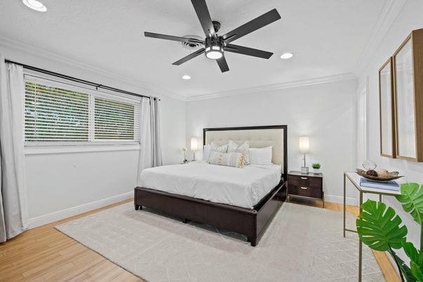 Bedroom, Interior, Recessed Lighting, Wood Texture Flooring